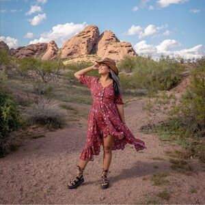 Tamga Isla Dress Boho Floral Button-Down High-Low Dress – rosewood‎ Ruffle Hem S